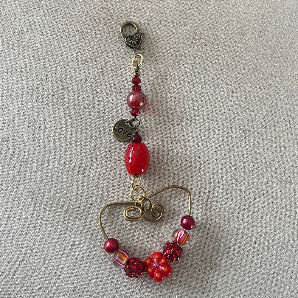 Bag Charm Handmade Red Hearts Gold